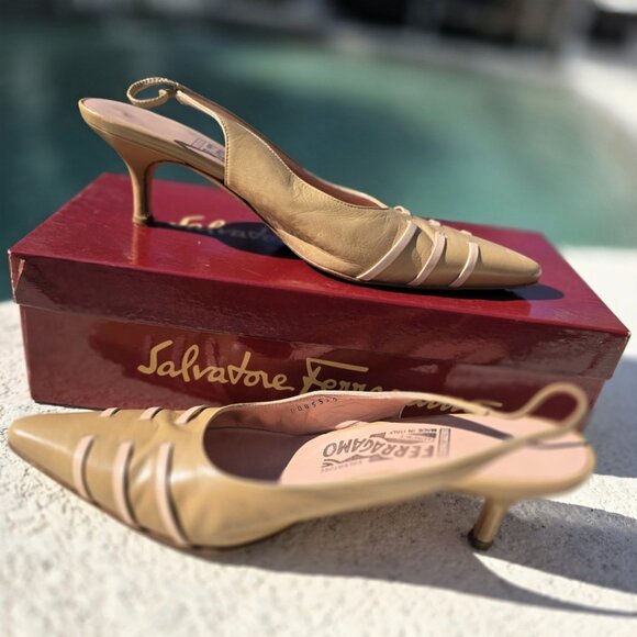 Salvatore Ferragamo Shoes - Vintage Salvatore Ferragamo Rosier Beige Leather Slingback Heels — Size 7.5 B